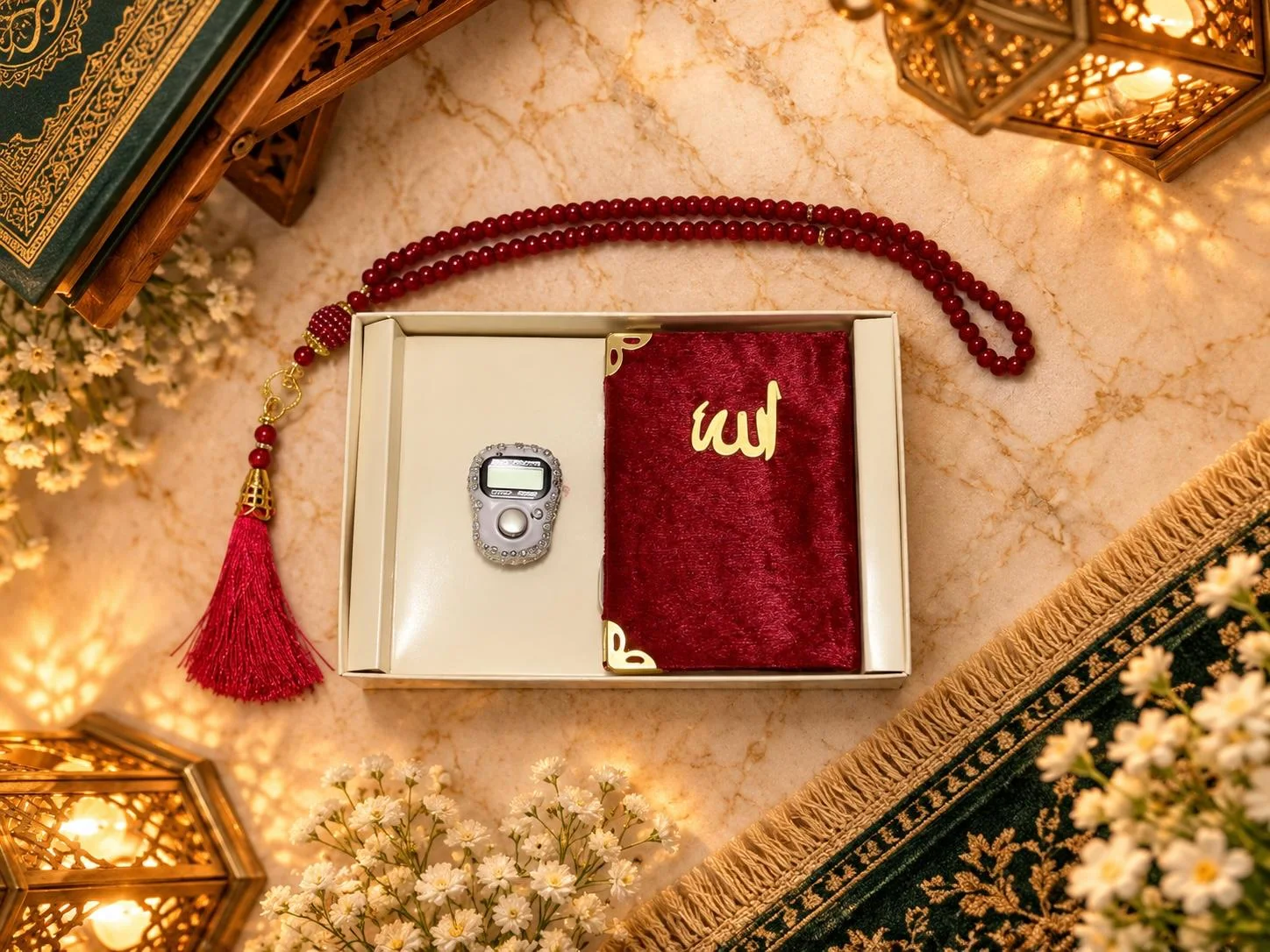 Kadife Kaplı Mini Kur'an-ı Kerim, Taşlı Zikirmatik ve İnci Tesbih Hediyelik Seti fotoğraf 3