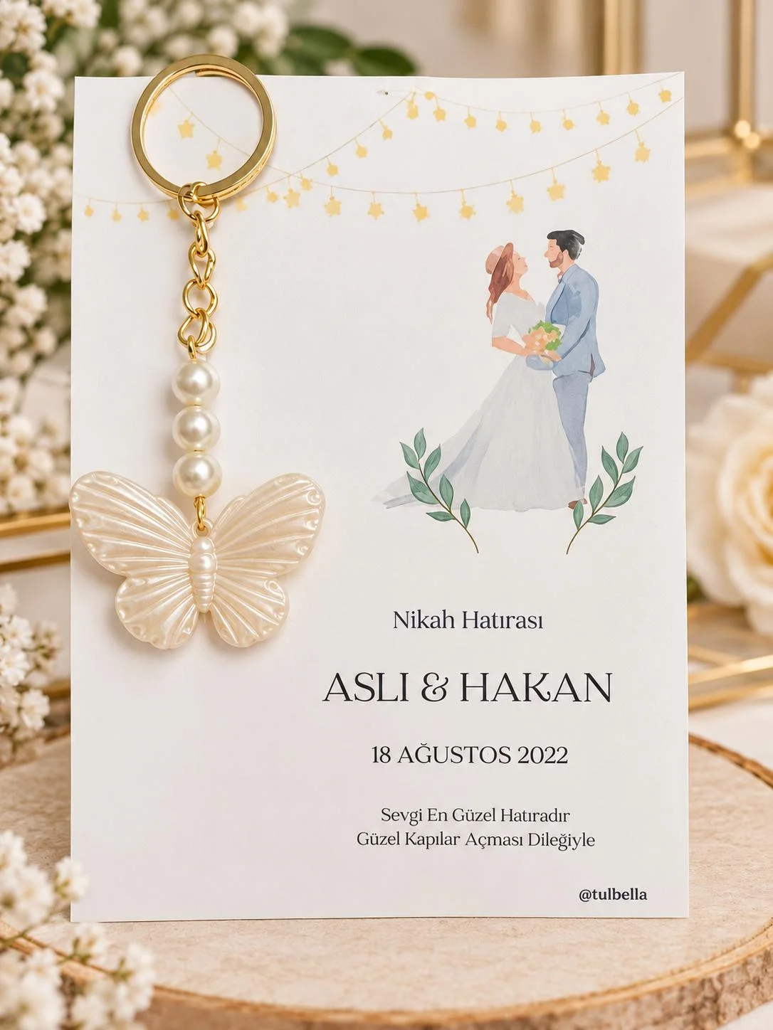 İnci Detaylı Kelebek Figürlü Kartlı Anahtarlık Nikah Hatırası