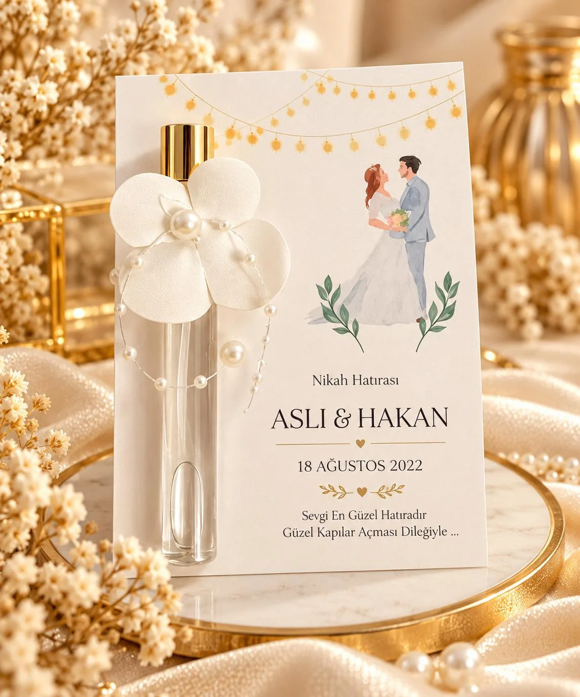 Çiçek ve İnci Süslemeli, Sprey Şişede Kişiselleştirilebilir Kartlı Kolonya / Nikah Hatırası