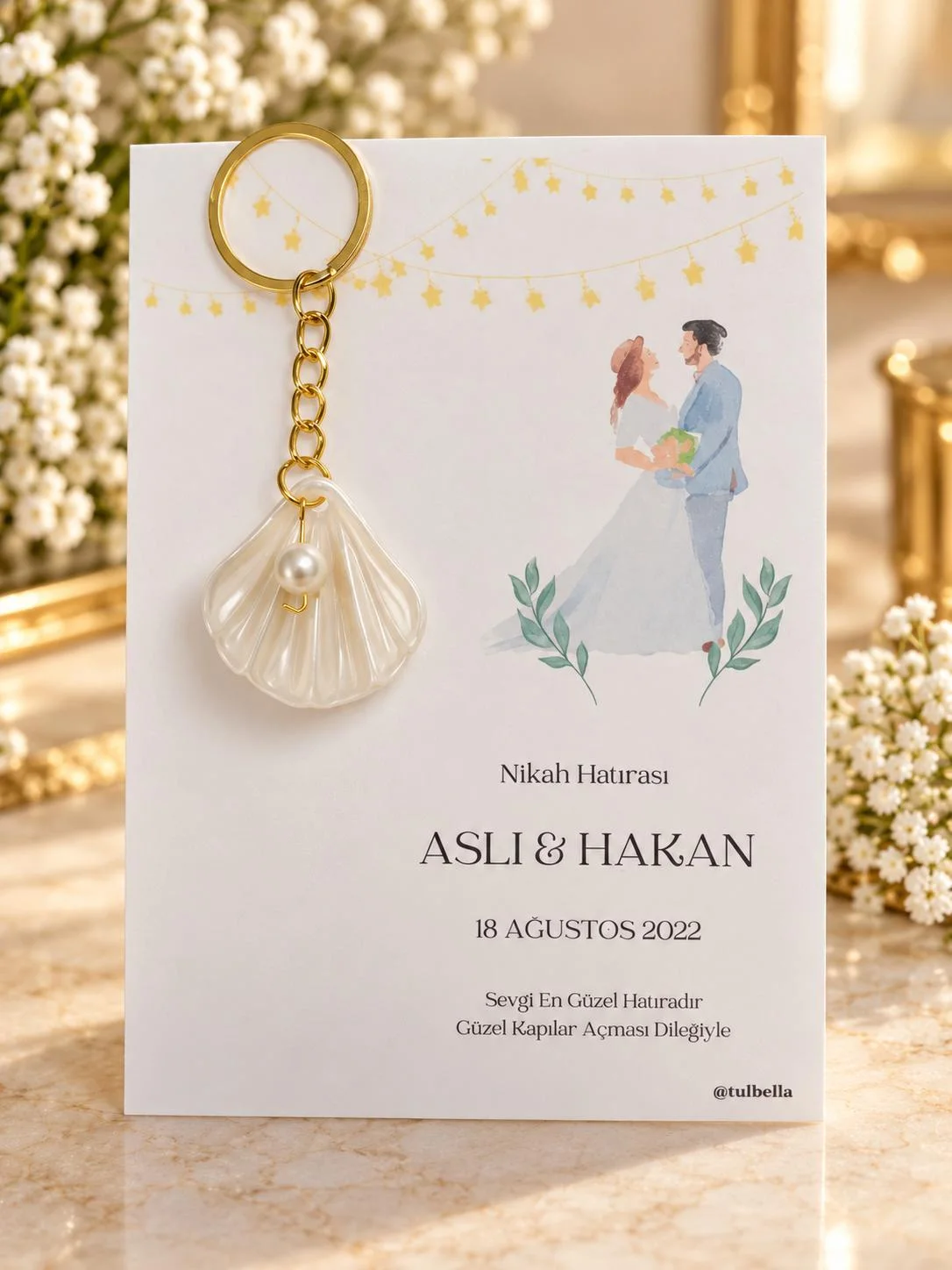 İstiridye İncili Anahtarlık Kartlı Nikah Hatırası