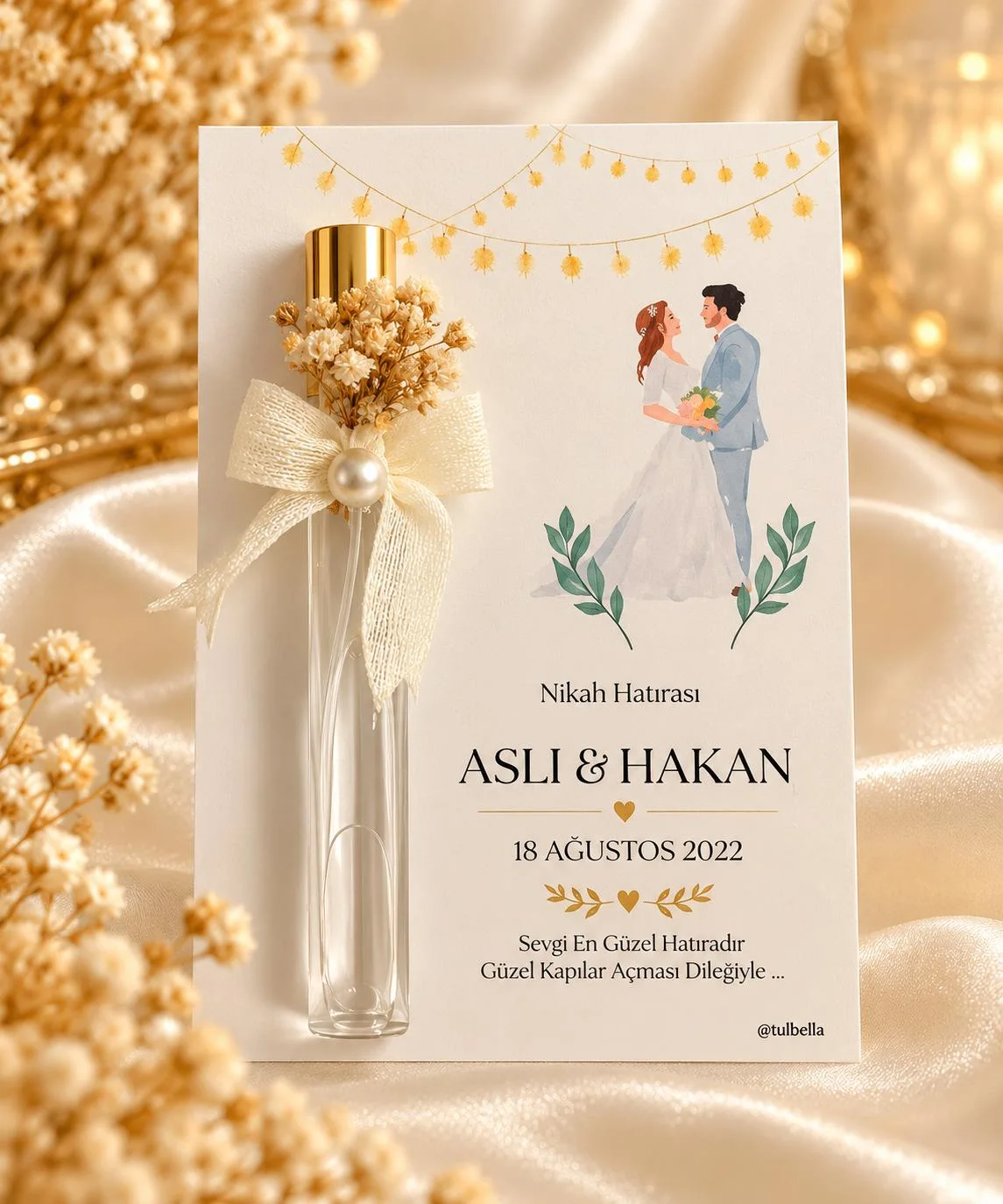 Kurdele, Cipso Çiçek ve İnci Detaylı, Sprey Şişede Kişiselleştirilebilir Kartlı Kolonya / Nikah Hatırası